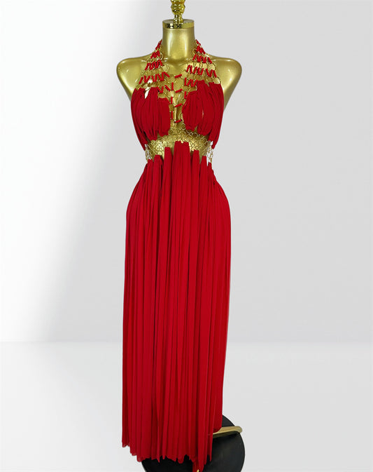 MB2102 Sexy Low‑Cut Metal Ring Cutout Halter Maxi Dress, Vacation Gown