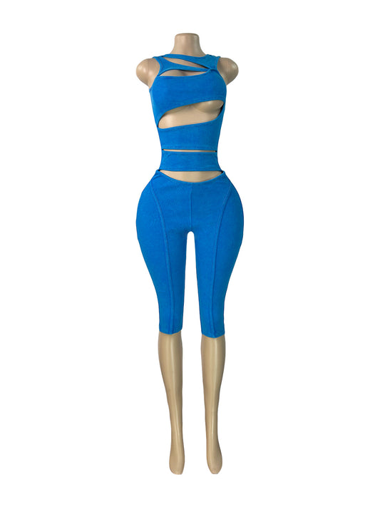 MB1733 Washed Ribbed Cut‑Out Bodycon Sleeveless Capri Jumpsuit