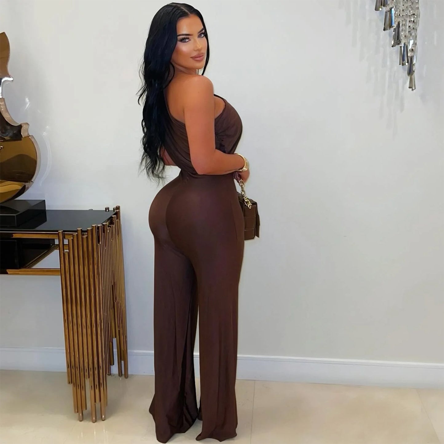 MB1616 One-Shoulder Satin Wide-Leg Jumpsuit