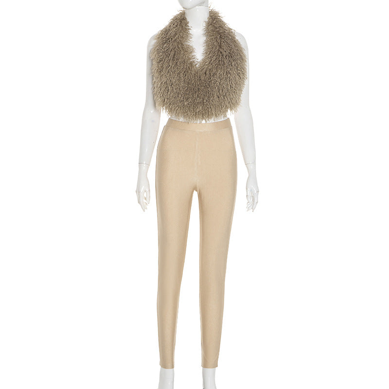 MB1017 Fuzzy Cropped Top and High Waisted Leggings Set