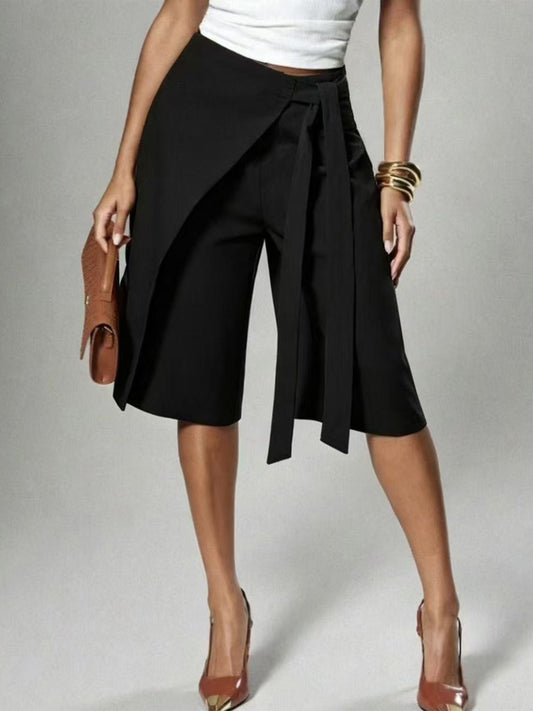 MB1732 Tie‑Waist Wrap‑Overlay Wide‑Leg Midi Culottes Capri Pants