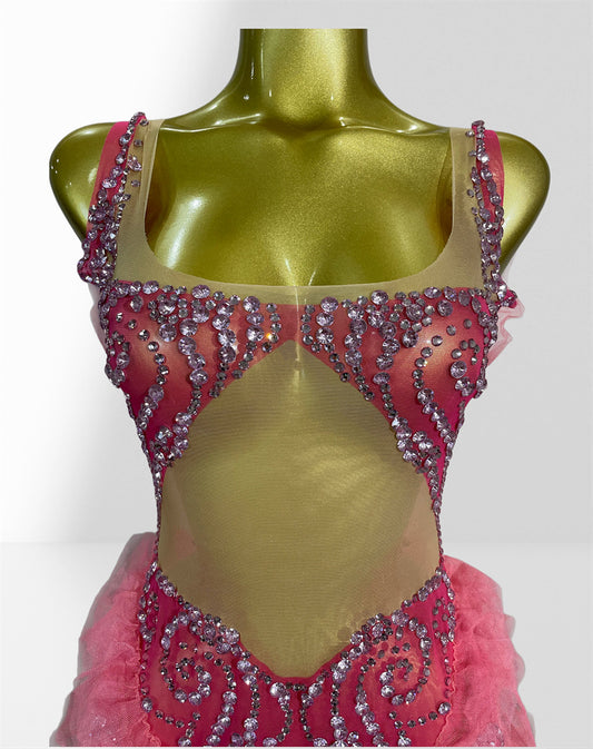 MB2109 Pink Rhinestone Mesh Dress, Ruffle Tulle Fringe Party Latin Dance Performance Gown