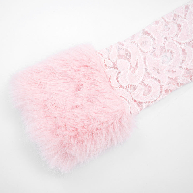 MB10110 Pink Lace Faux Fur Collar Long Sleeve Cropped Top