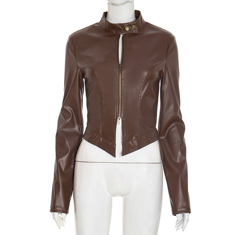 MB1040 Stand Collar PU Leather Zip-Up Jacket