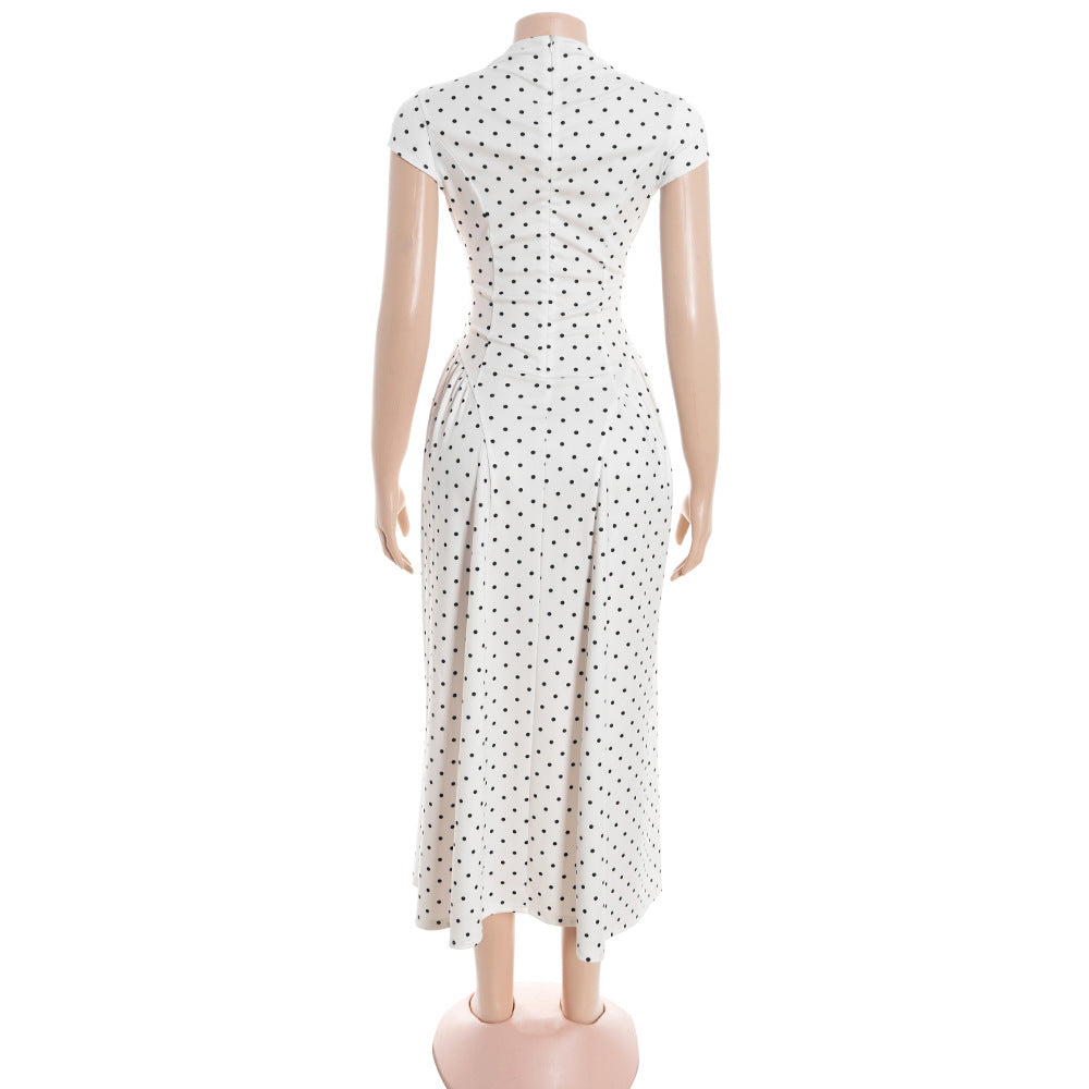 MB1323 White Black Polka Dot Cap Sleeve A-Line Midi Dress