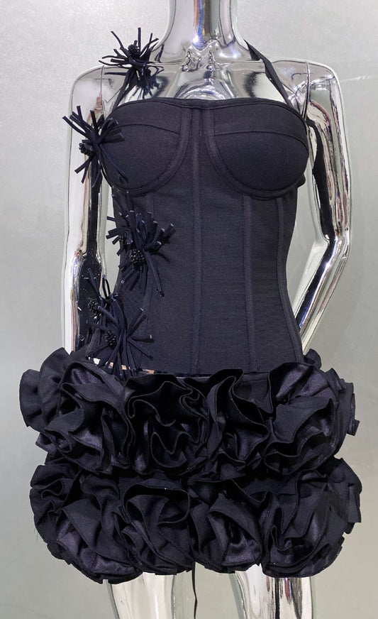 MB2110 3D Floral Ruffle Two‑Piece Bandage Set, Halter Top Mini Skirt utfit