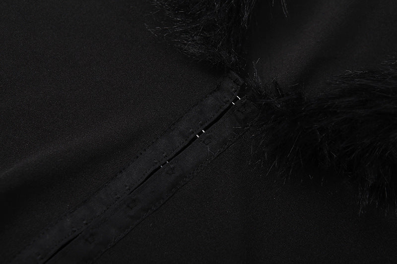 MB1153 Black Faux Fur Trim 2-Piece Set: Crop Top & Mini Skirt