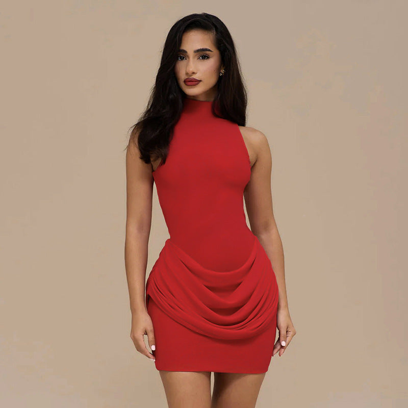 MB1453 Mock Neck Sleeveless Ruched Mini Dress