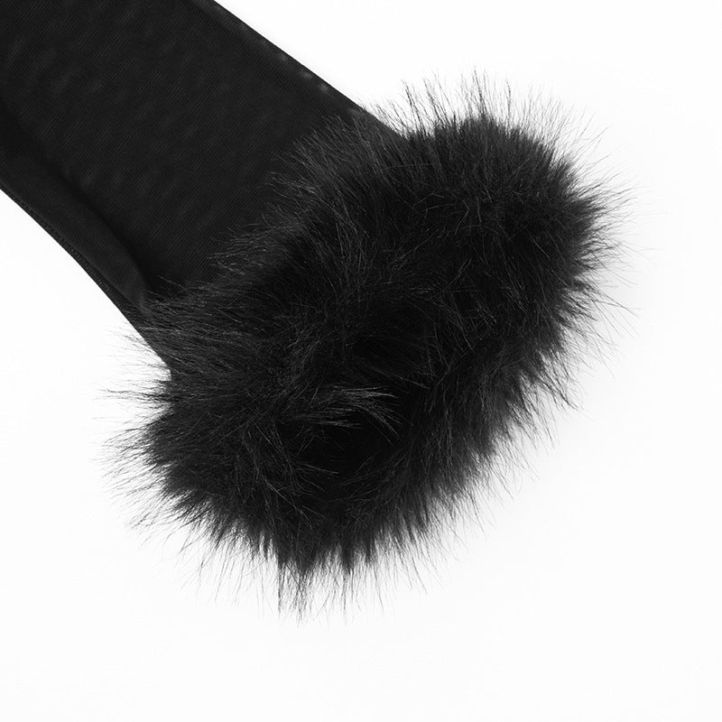 MB10134 Women's Black Sheer Mesh Faux Fur Trim Cardigan Top