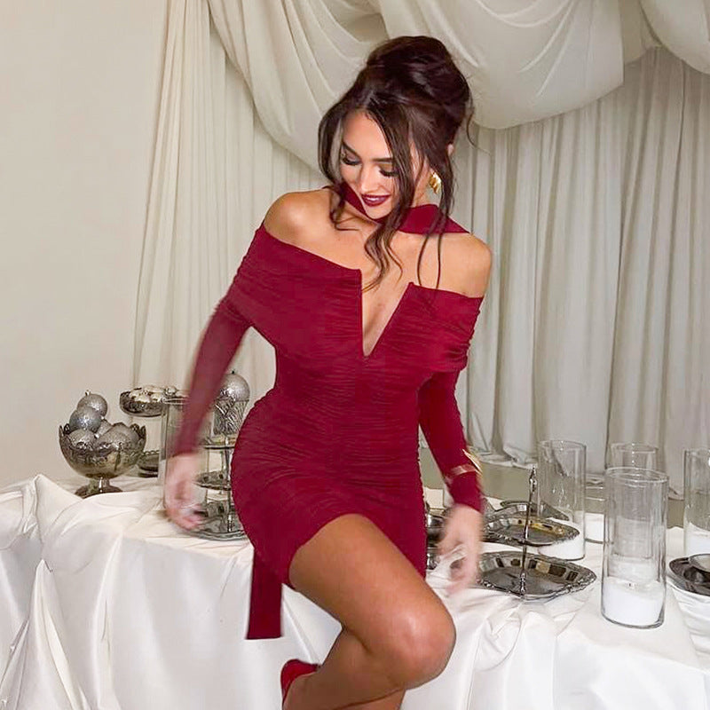 MB1410 Off-The-Shoulder Deep V Ruched Bodycon Mini Dress