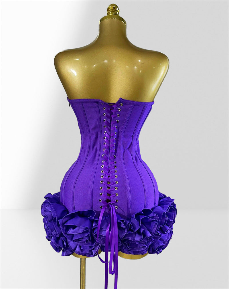 MB2104 Bandage Mini Dress, 3D Floral Ruffle Hem, Music Festival Gown