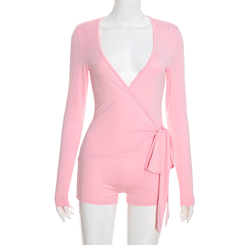 MB10198 Women Wrap V‑Neck Long‑Sleeve Romper