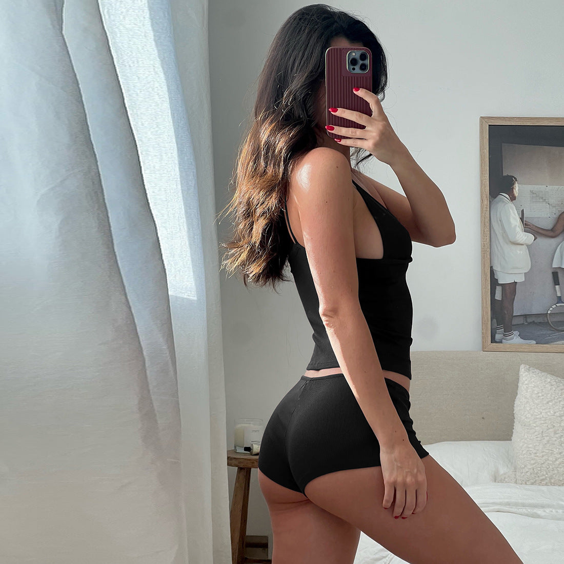 MB1827 Women's Ribbed Cami and High Waist Shorts 2 Piece Set