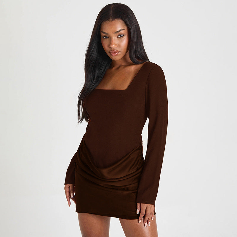 MB1434 Square Neck Long Sleeve Satin Mini Dress