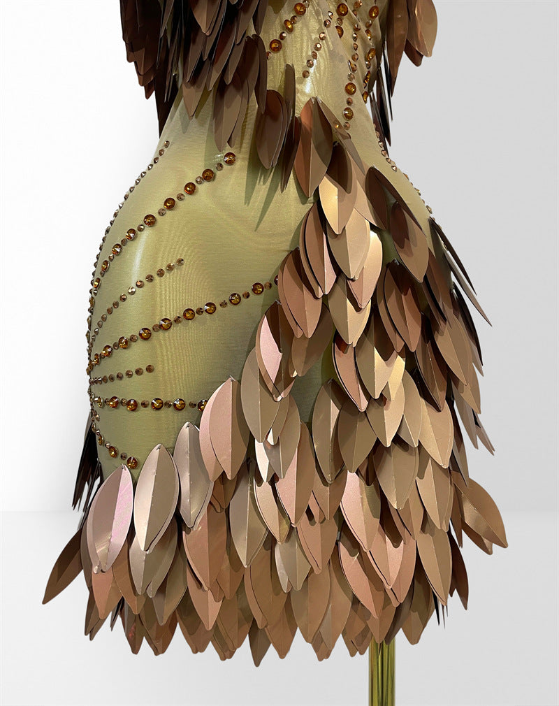 MB2103 Brown Acrylic Feather Mini Dress, Party Performance Gown
