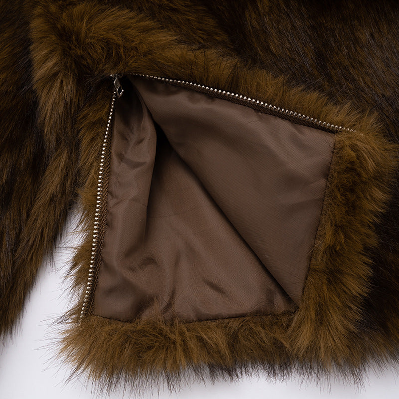 MB10113 Brown Faux Fur Off-The-Shoulder Cropped Top