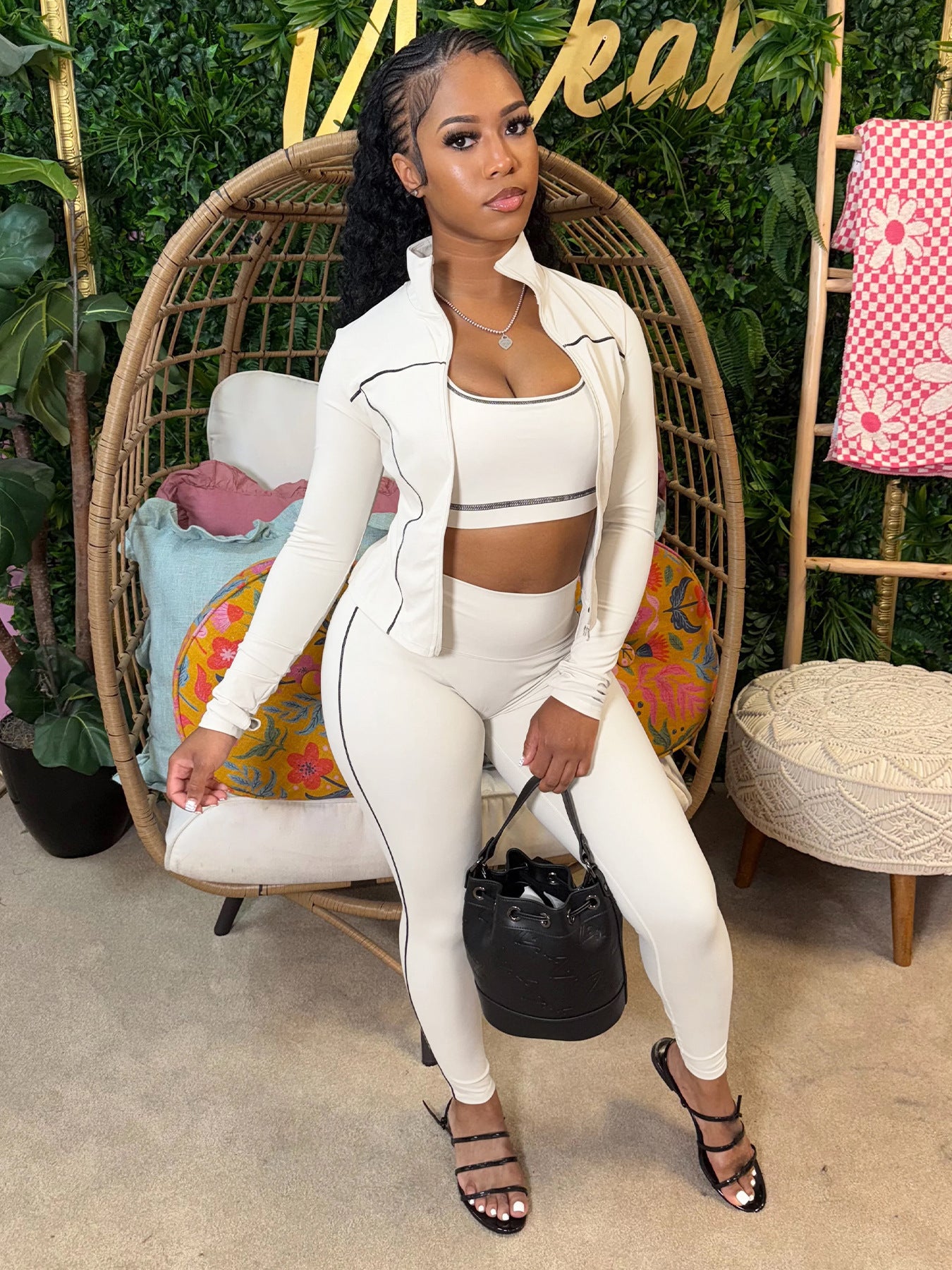 Women's 3-Piece Set: Racerback Crop Tank + Zip-Up Jacket + High-Waisted Leggings