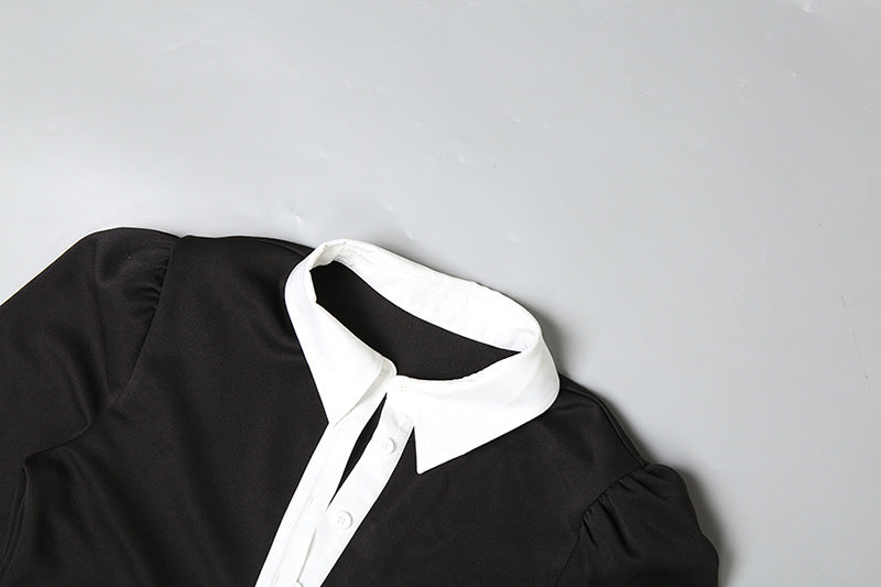 MB1525 Black Contrast Collar Long Sleeve Bodycon Mini Dress