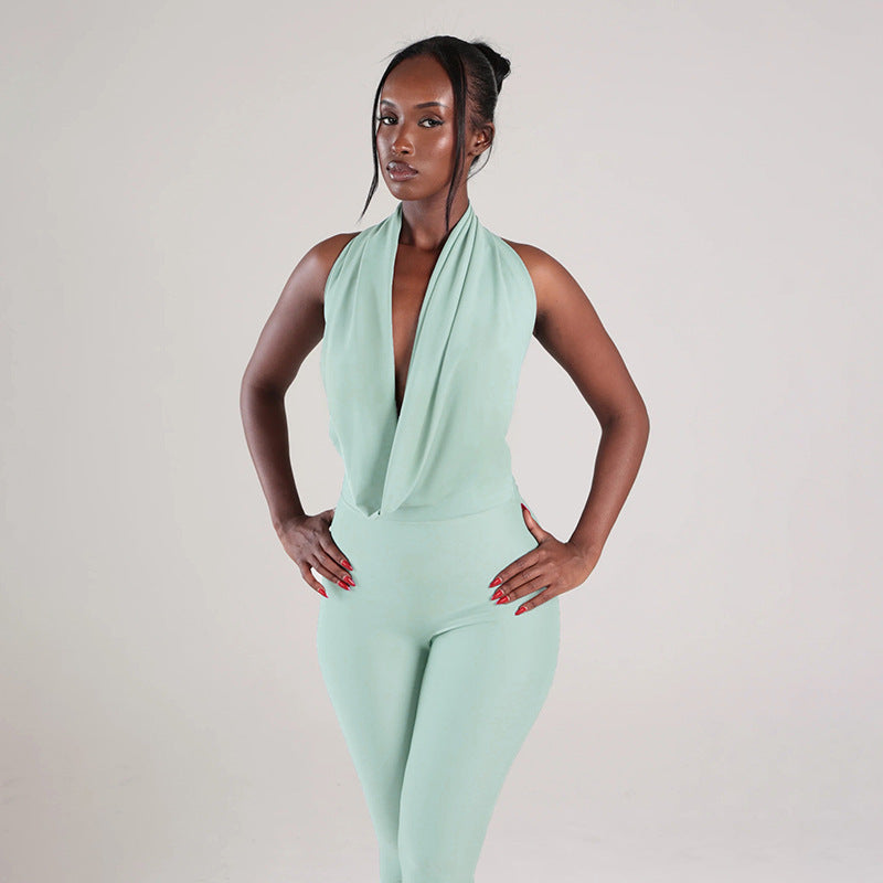 MB10154 Women's Halter Neck Deep V Cowl Front Capri Jumpsuit