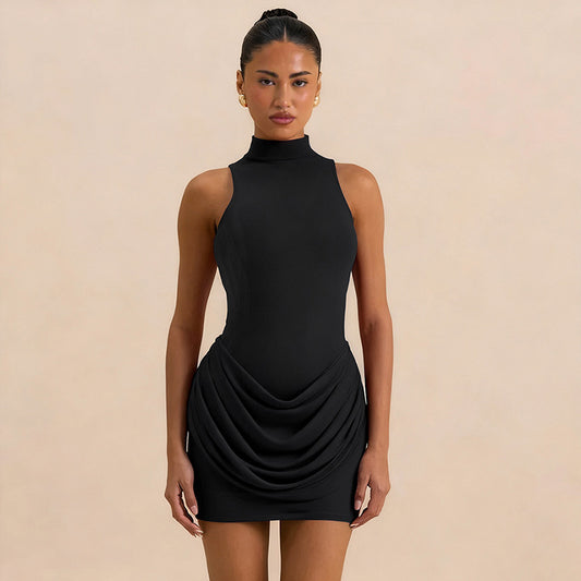 MB1453 Mock Neck Sleeveless Ruched Mini Dress