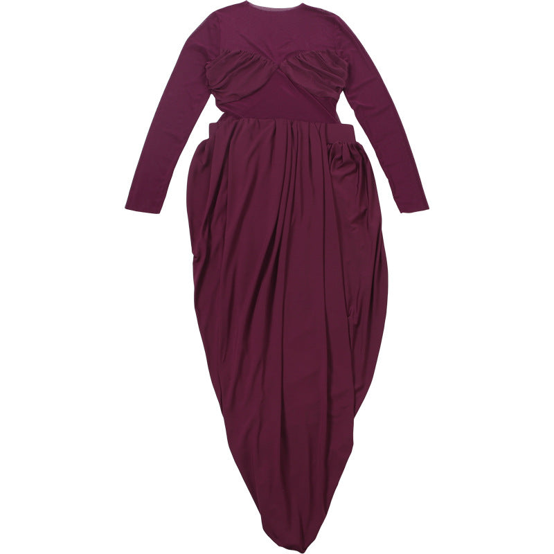 MB1518 Burgundy Mesh Ruched Long Sleeve Maxi Dress