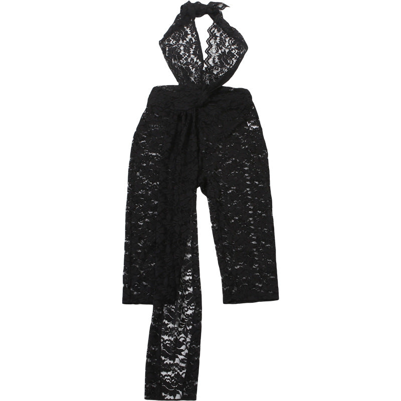 MB1119 Black Lace Halter Backless Skinny Jumpsuit