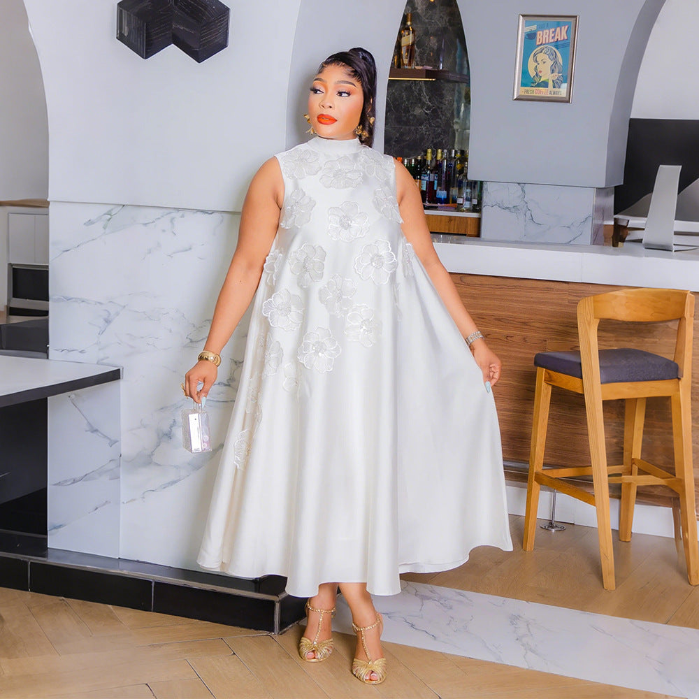 MB1215 Satin Sleeveless Midi Dress with 3D Floral Embellishments