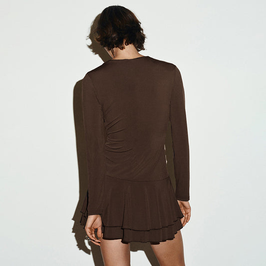 MB1446 Women's Brown V Neck Ruched Fit and Flare Dress