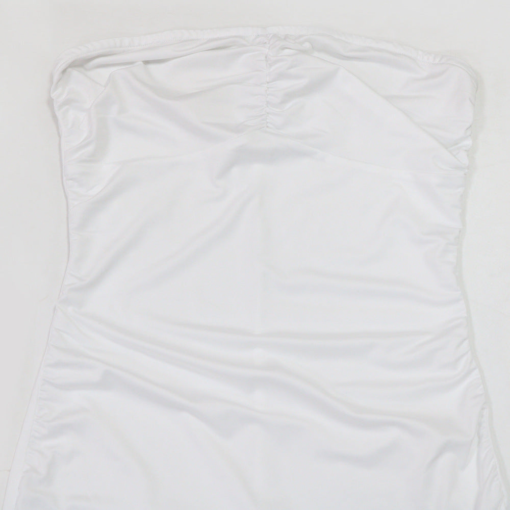 MB1228 White Strapless Ruffle High Low Bodycon Mini Dress | Ruched Party Dress