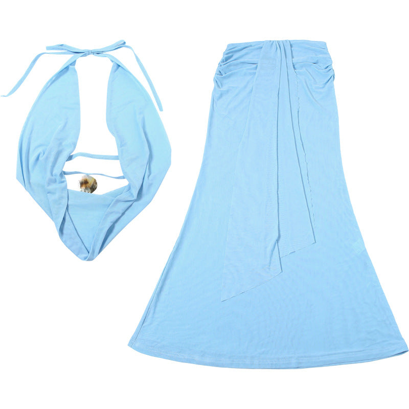 MB1505 Light Blue Sheer Mesh 2-Piece Set: Halter Drape Top and Maxi Skirt