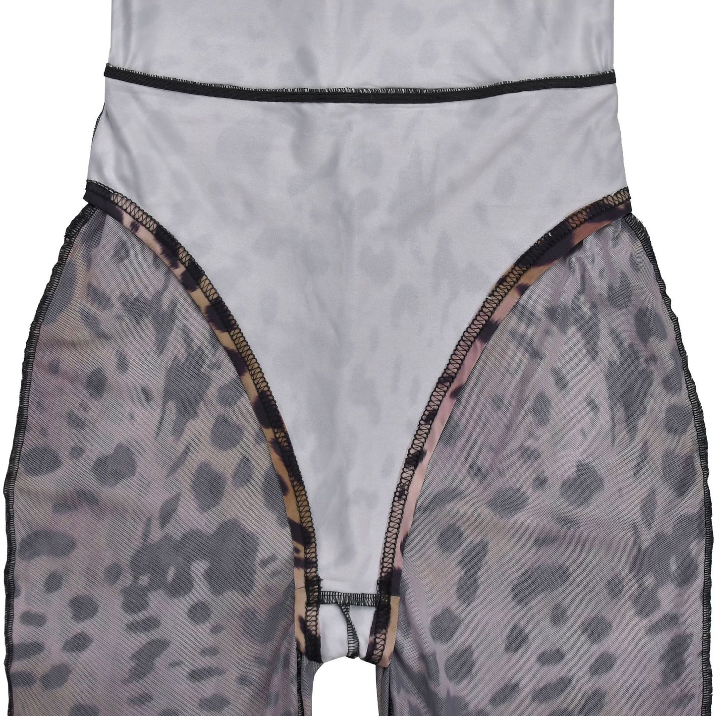 MB1607 Taupe Leopard Print Sheer Mesh Bodycon Jumpsuit