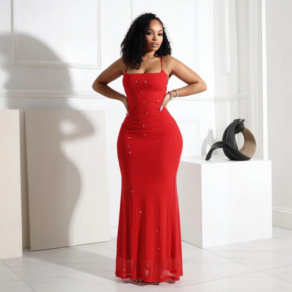 MB1225 Rhinestone Spaghetti Strap Bodycon Maxi Dress