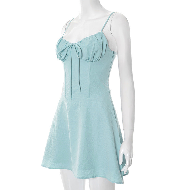 MB1024 Pleated Spaghetti Strap A-Line Mini Dress