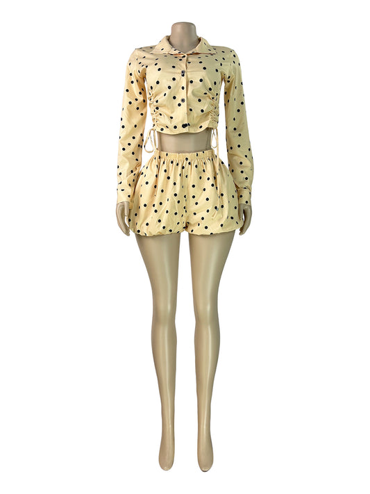 MB1730 Polka‑Dot Ruched Crop Shirt & Puffy Shorts 2‑Piece Set