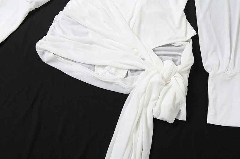 MB1111 White Sheer Mesh Lace-Up Back Mini Dress