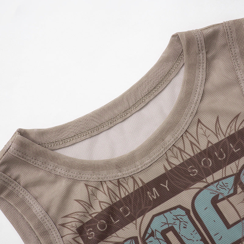 MB1026 Mesh Crop Top with Rock and Roll Print