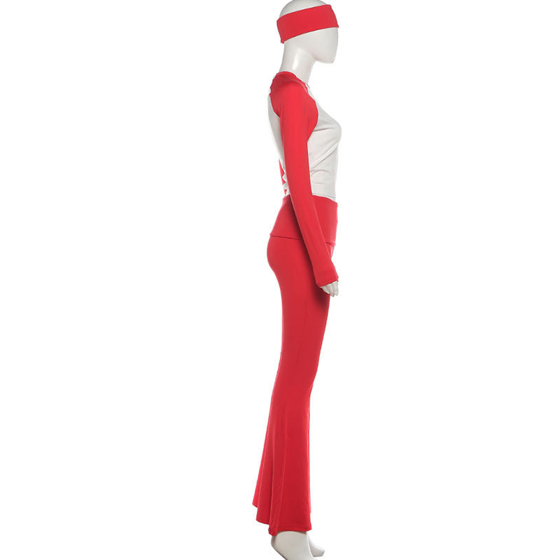 MB1820 Color Block Top & Flare Pants 2 Piece Set with Headband