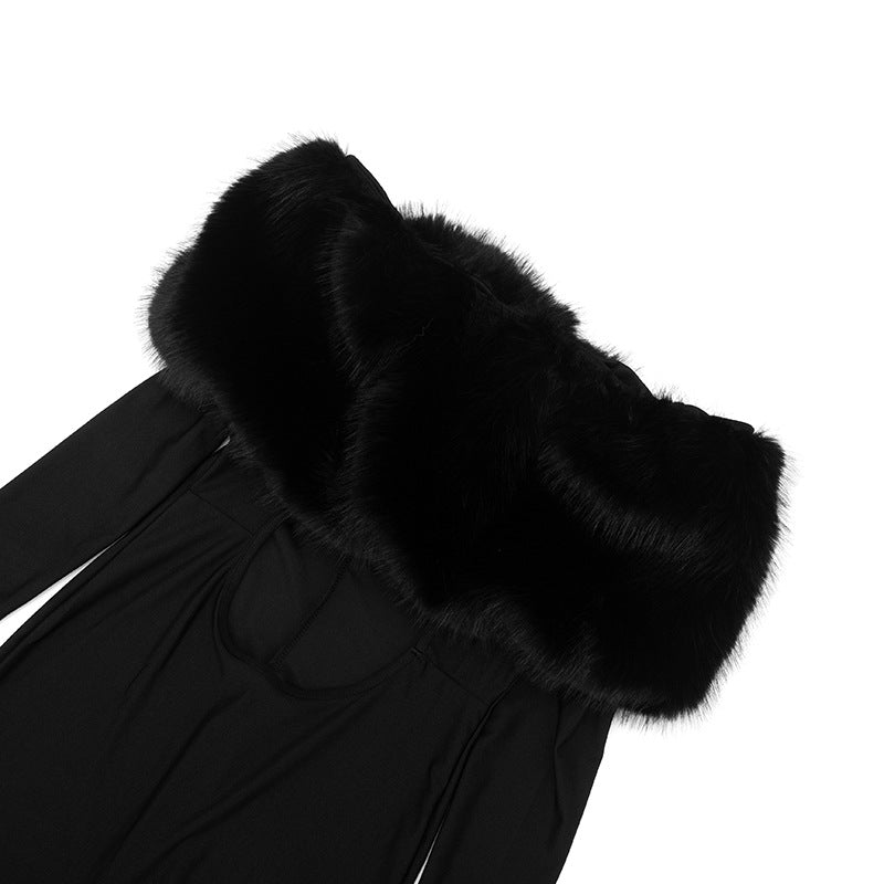 MB10140 Women’s Off-Shoulder Faux Fur Trim Cutout Jumpsuit