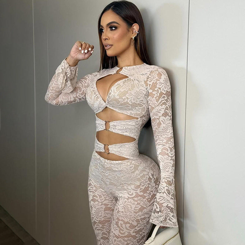 MB1823 Lace Cutout Long Sleeve Top & Flare Pants 2 Piece Set