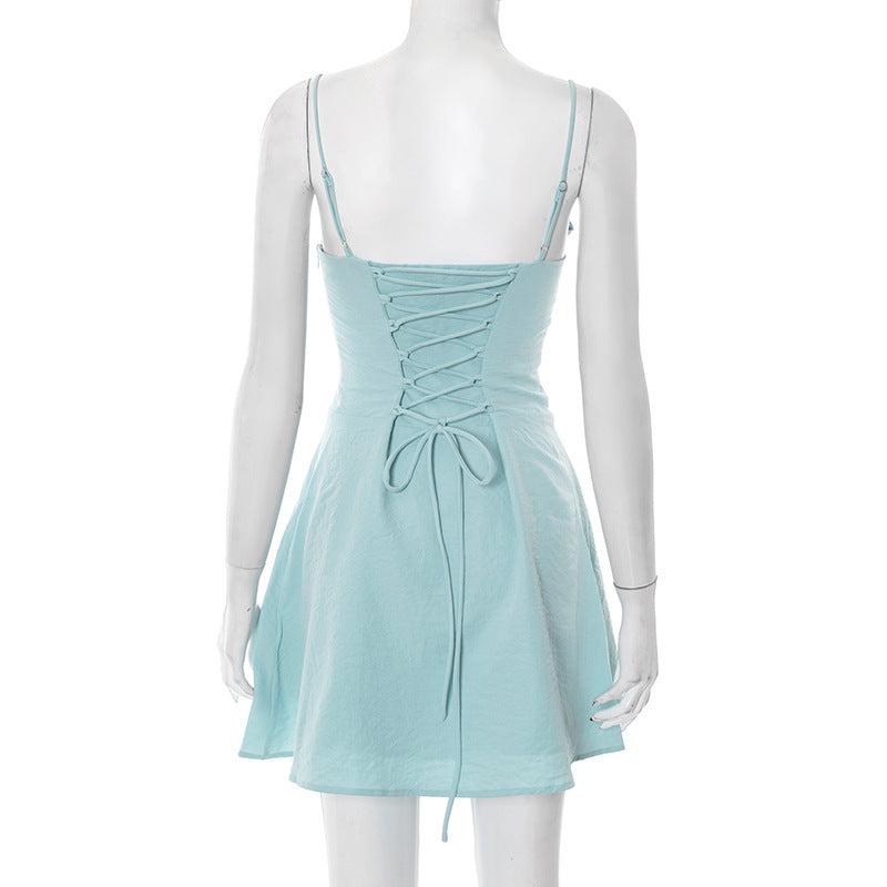 MB1024 Pleated Spaghetti Strap A-Line Mini Dress