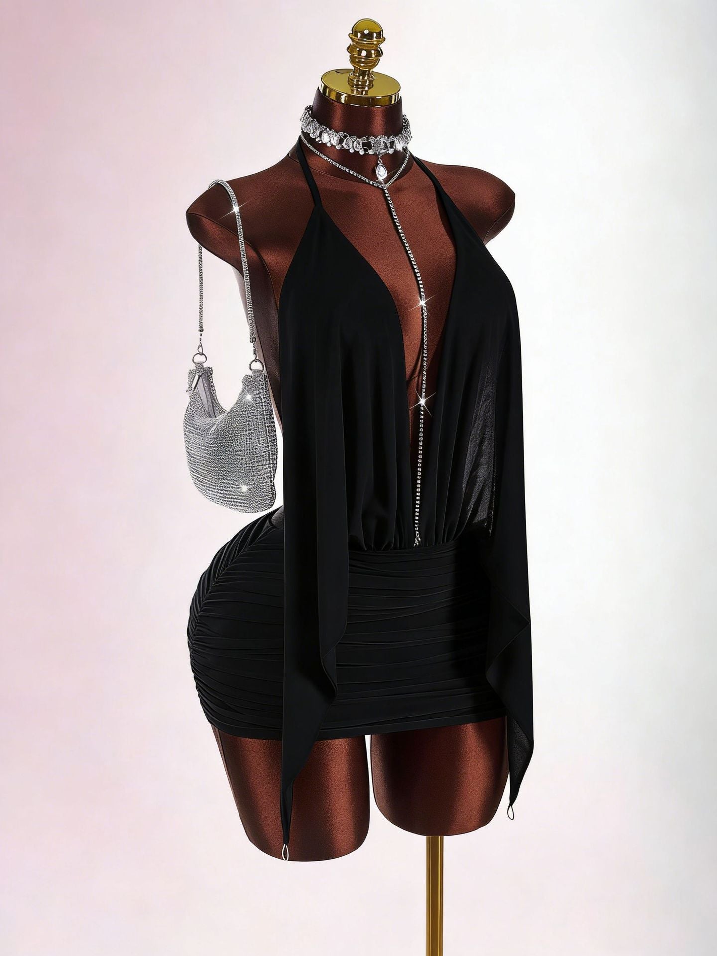 MB2005 Pink Halter Backless Ruched Mesh Mini Dress - Sexy Sheer Party Dress for Women