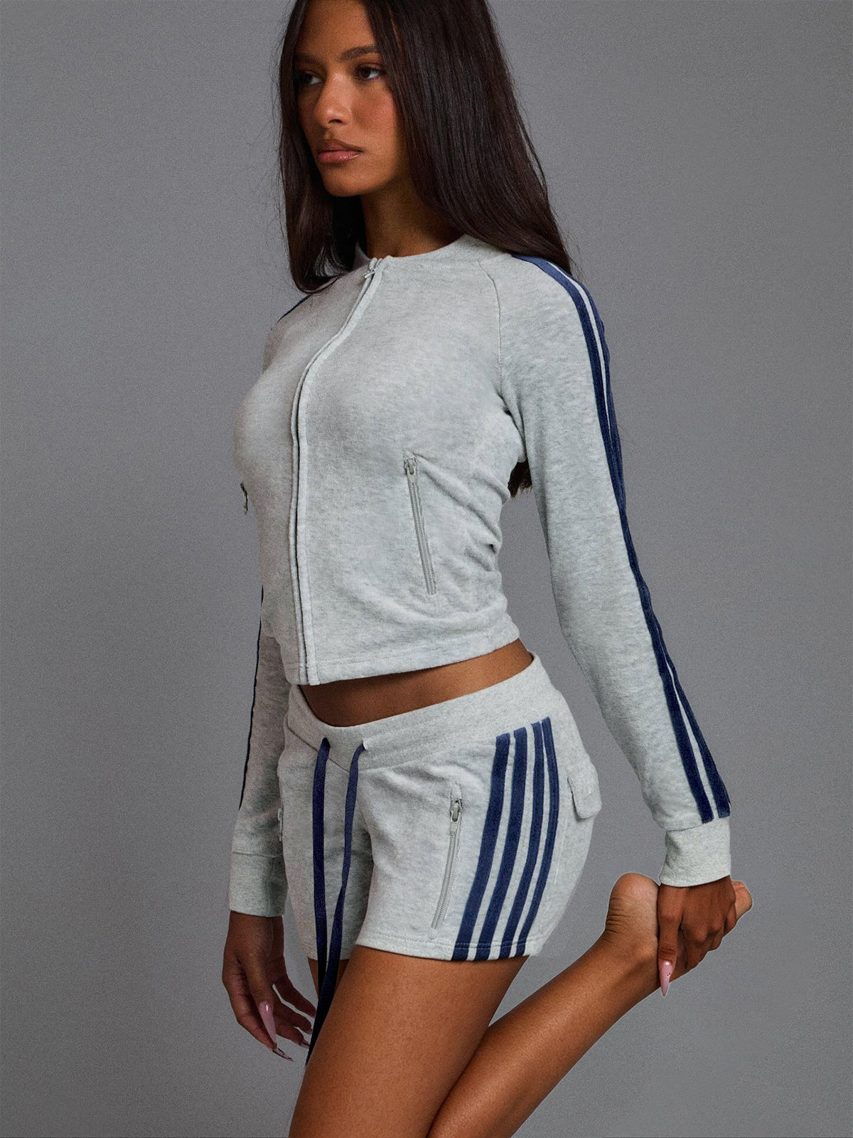 MB1731 Striped Velour Cropped Jacket & High‑Waist Shorts 2‑Piece Tracksuit Set