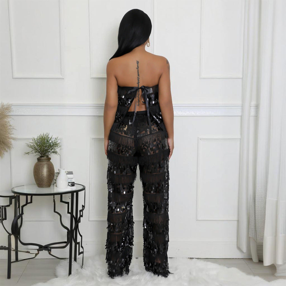 MB1222 Sequin Fringe Top & Wide Leg Pants Two Piece Set
