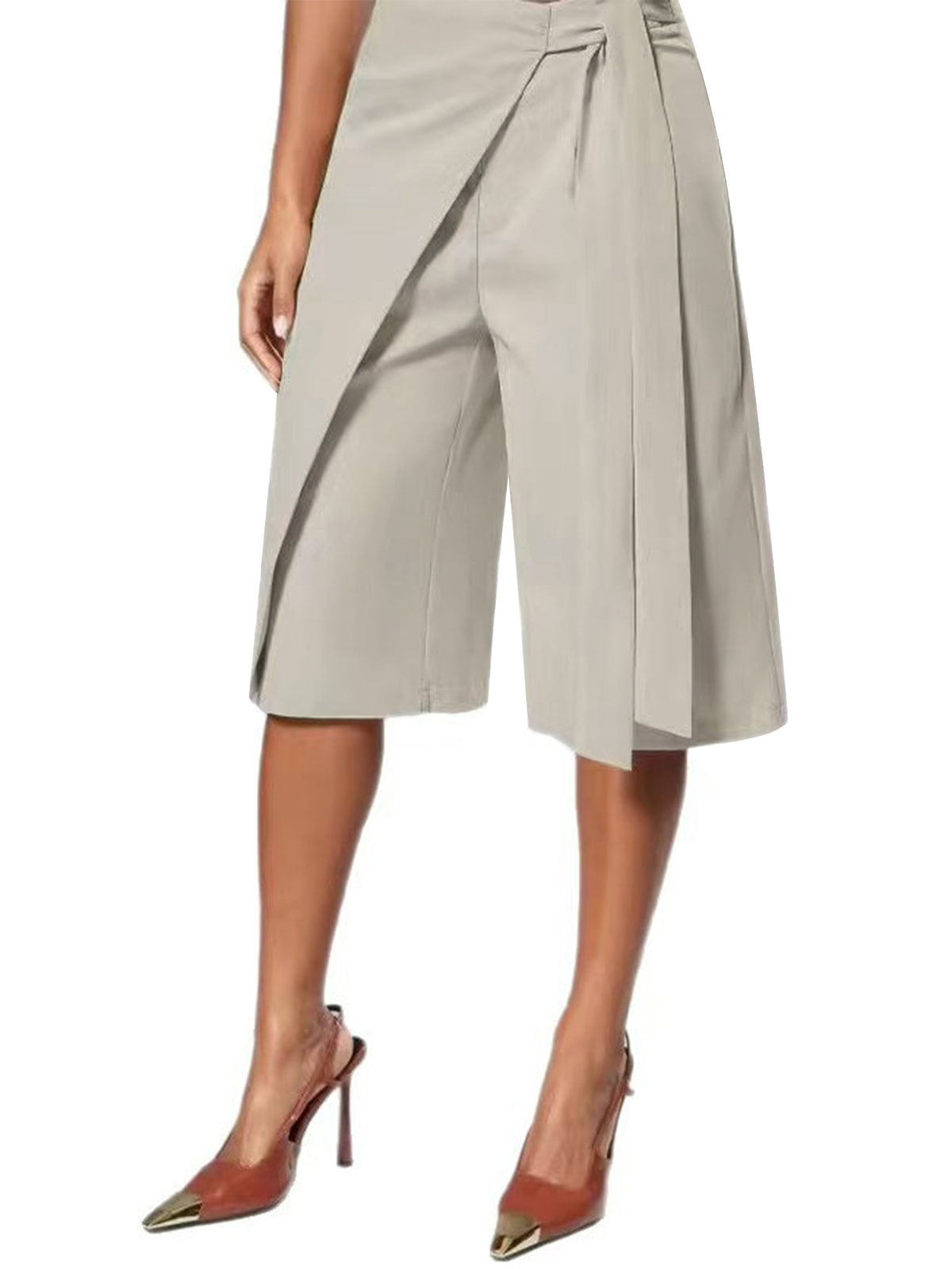 MB1732 Tie‑Waist Wrap‑Overlay Wide‑Leg Midi Culottes Capri Pants