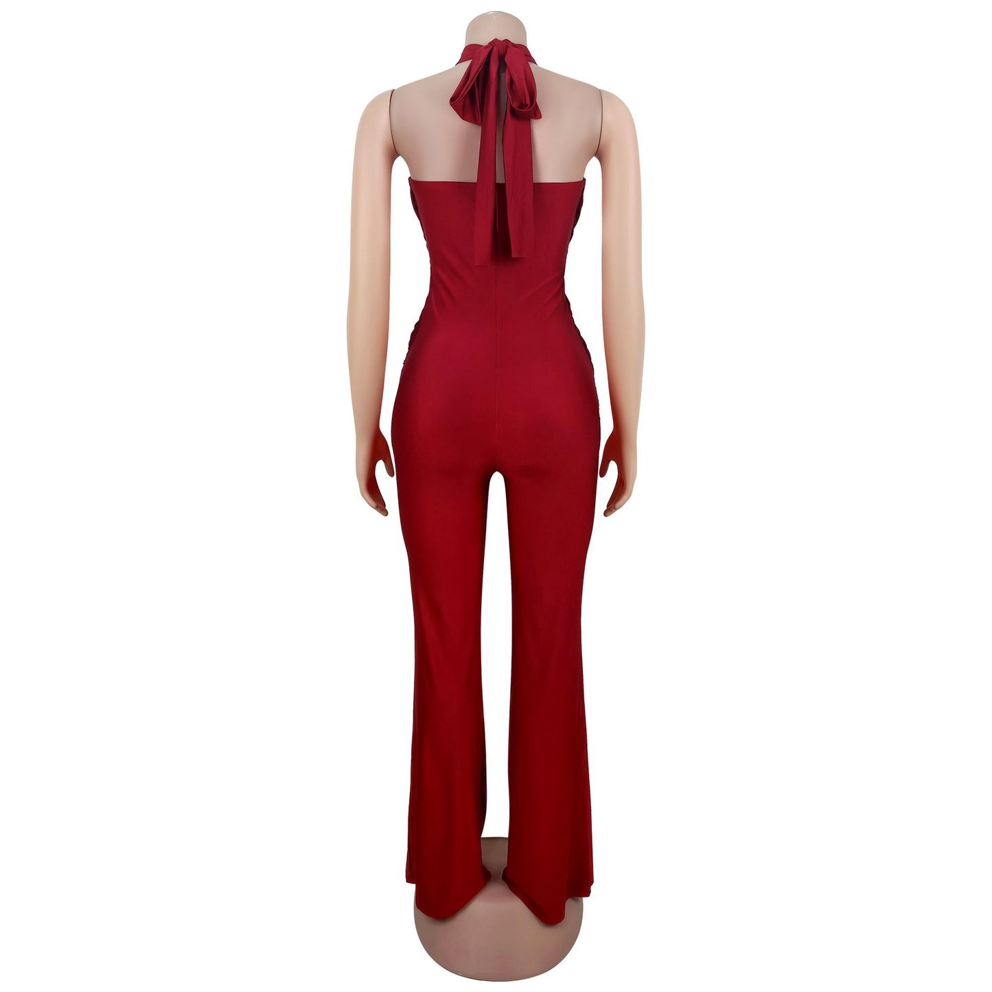 MB1603 Halter Formal Jumpsuit - Cutout Chest Crisscross Ruched Flared Leg