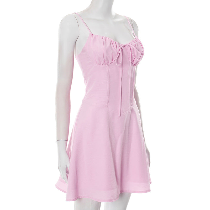 MB1024 Pleated Spaghetti Strap A-Line Mini Dress