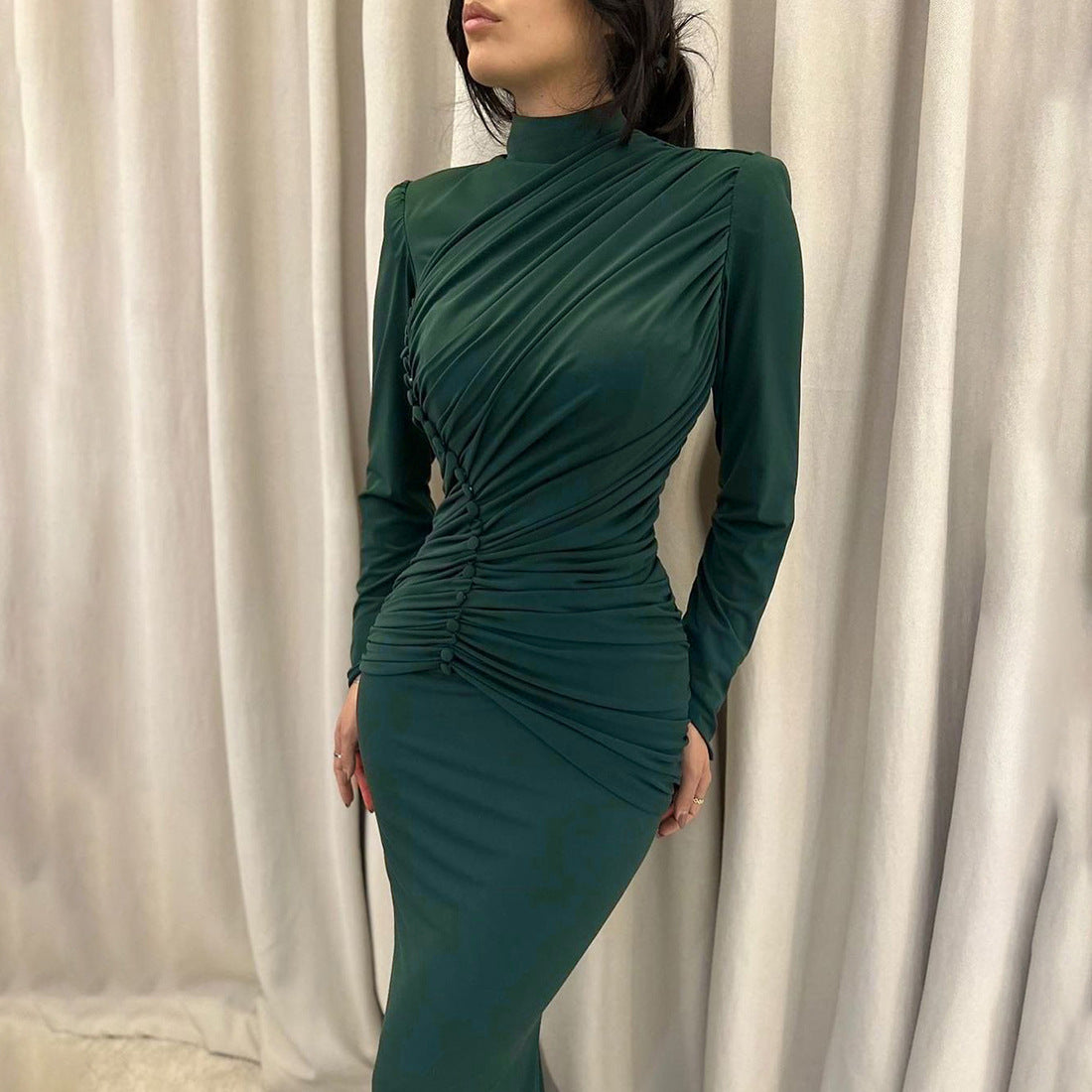 MB1127 Turtleneck Long Sleeve Ruched Mermaid Evening Gown
