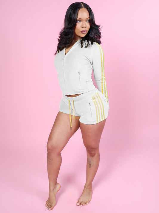 MB1731 Striped Velour Cropped Jacket & High‑Waist Shorts 2‑Piece Tracksuit Set