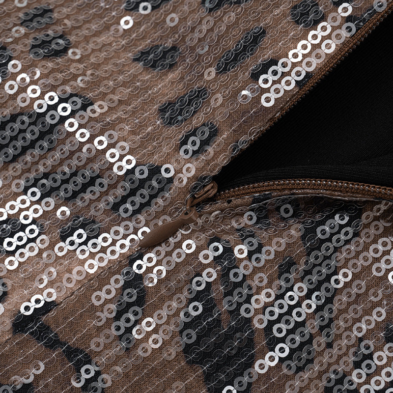 MB10108 Leopard Sequin Halter Backless Maxi Dress