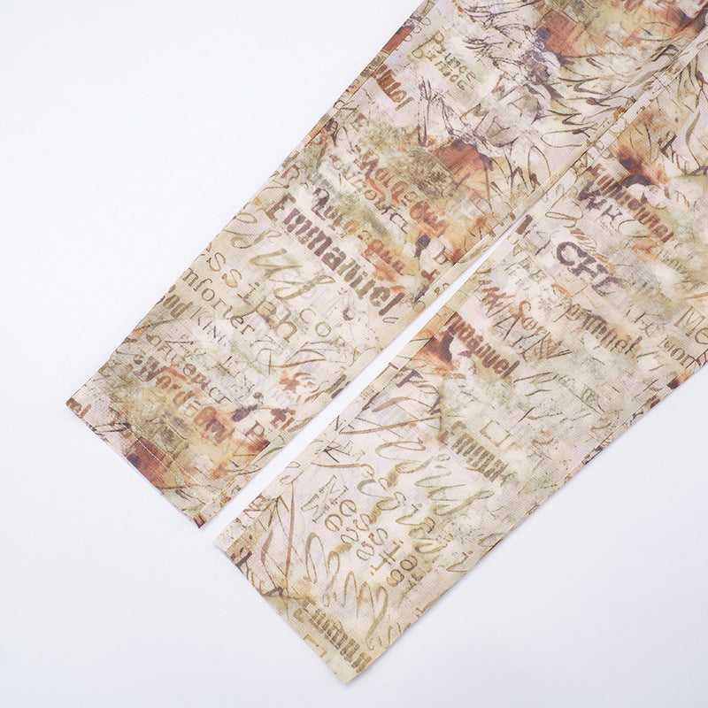 MB10124 Vintage Text Print Sheer Mesh Two Piece Set - Bodysuit & Skinny Pants